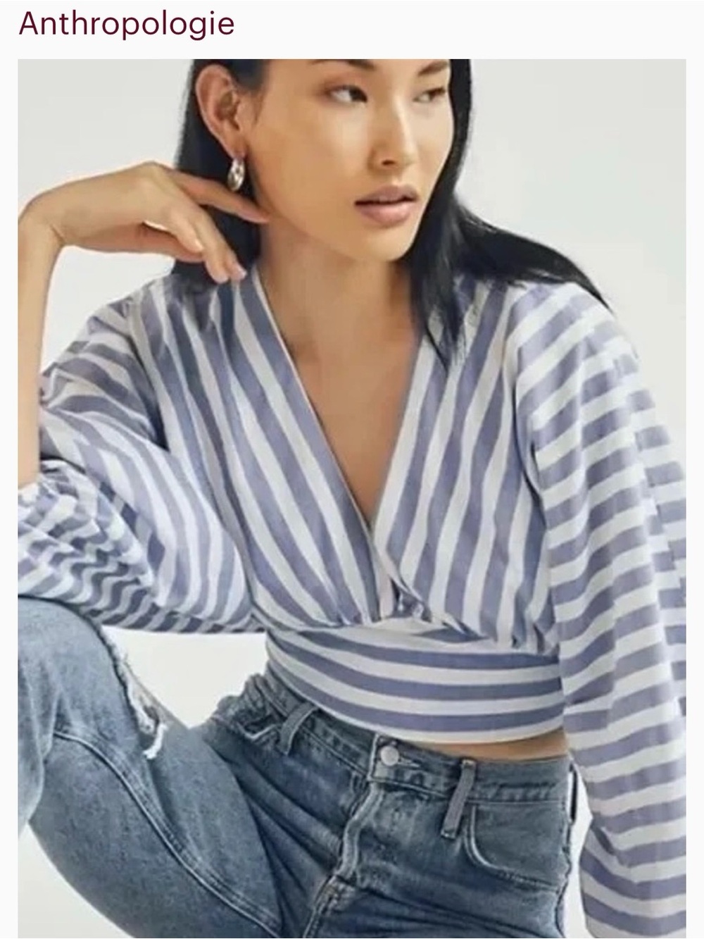 Anthropologie Blue and White Striped Cropped Wrap Blouse